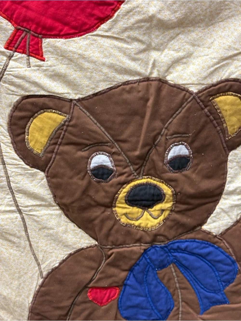 Vintage Handmade Yellow Teddy Bear Appliqué Baby Quilt with Red Balloon